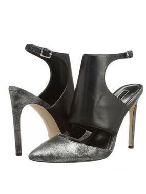 BCBGeneration Black Leather Chaser Pewter Stiletto Heel Sexy High Heels 7.5 NWT